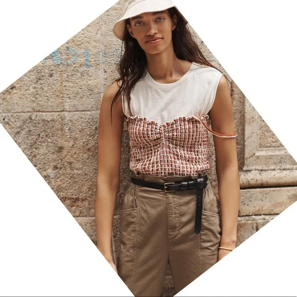 MADEWELL Madewell Parchment Vintage Check Jacquard Smocked Tank Top M - Picture 5 of 6